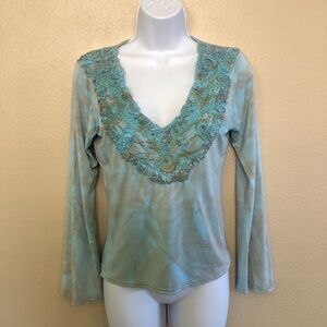 Mezon Woman’s Embroidered Rhinestone Tied Dyed Embellish V-Neck Top Size S